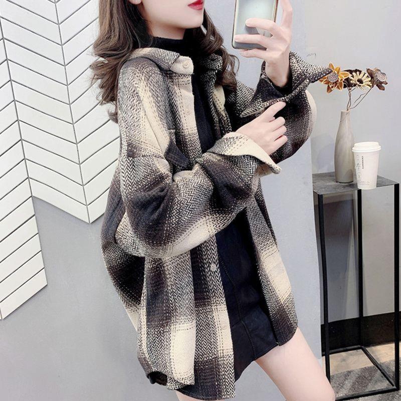加厚磨毛格子衬衫女中长款夏夏女装上衣宽松韩版长袖衬衣外套|undefined