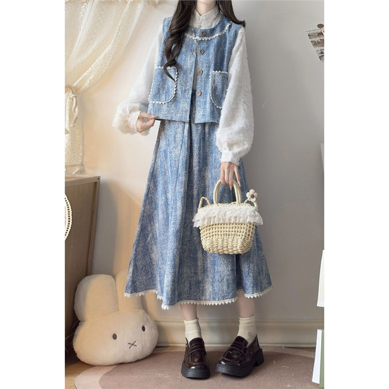 蓝色小清新牛仔提花套装裙女春秋2025新款设计感马甲半身裙三件套