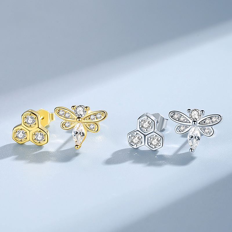 Pendientes de plata esterlina creativa abeja amor miel pendientes de plata aguja niñas asimétrica pendientes 925 al por mayor lindo ins