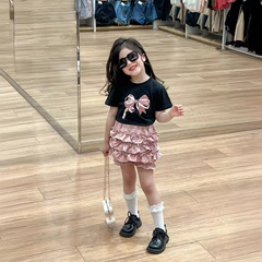 Children's Summer 2024 Set from Korea: Pink Butterflies Button-Down Shirt and Pink Half-Skirt with Cupcake Design