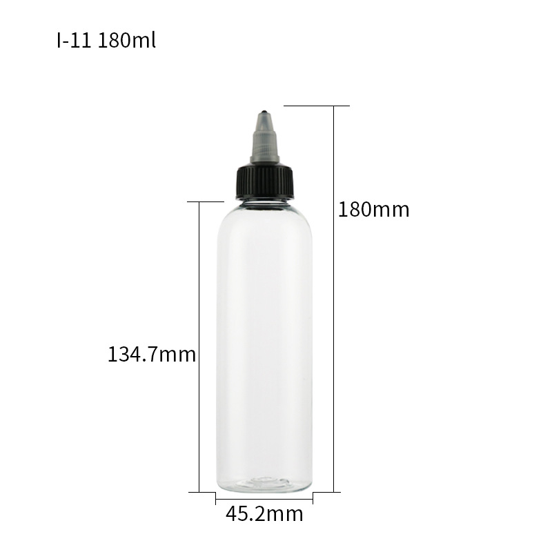 En stock pet50ml botella de plástico transparente 100mL botella de mezcla de color de pigmento 250ml botella de inyección de aceite de dispensación de boca puntiaguda botella de compresión