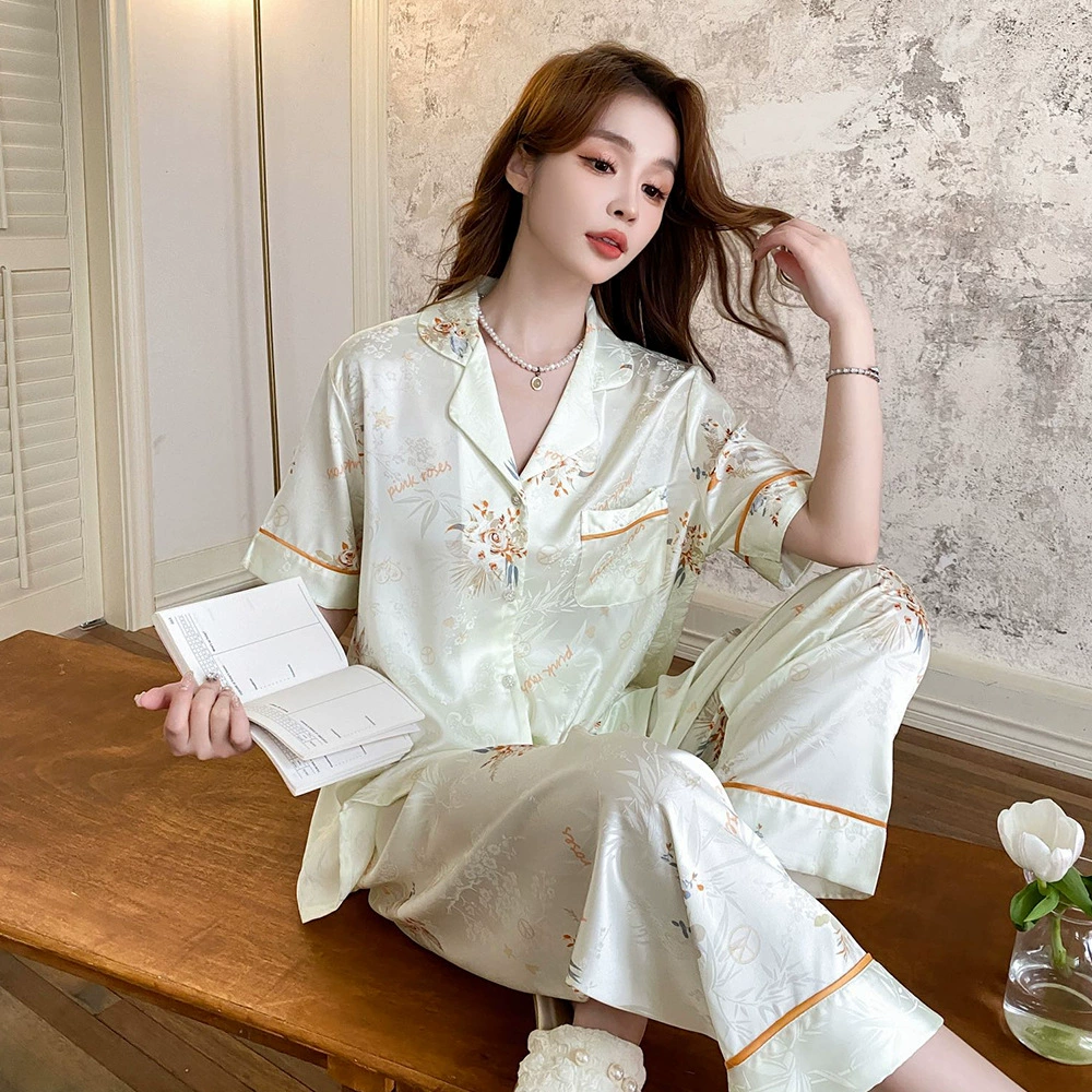 Summer silk thin pijama, set, with short sleeve
