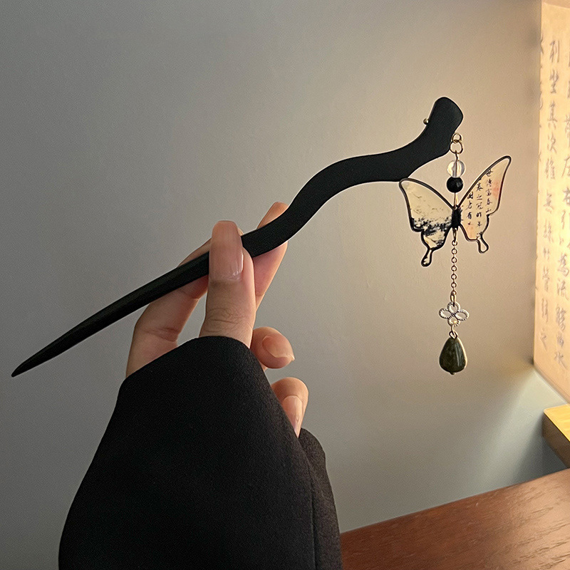 古風黒檀木かんざし女性新中国式高級感後頭部ヘアピン|undefined