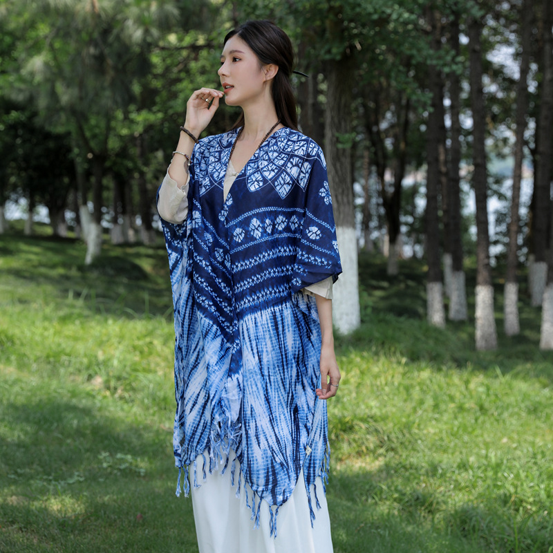 Viento popular verano sol tie-dye bufanda Yunnan Dali turismo decorativo chal de algodón y lino se sienten fuera de Cardigan