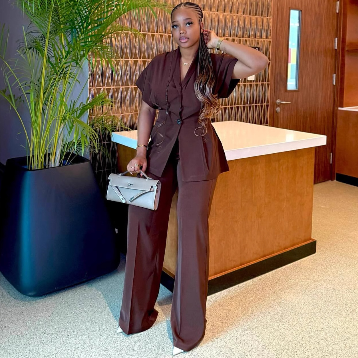 欧美时尚气质洋气V领开衫上衣女非洲高腰阔腿长裤新款女装两件套