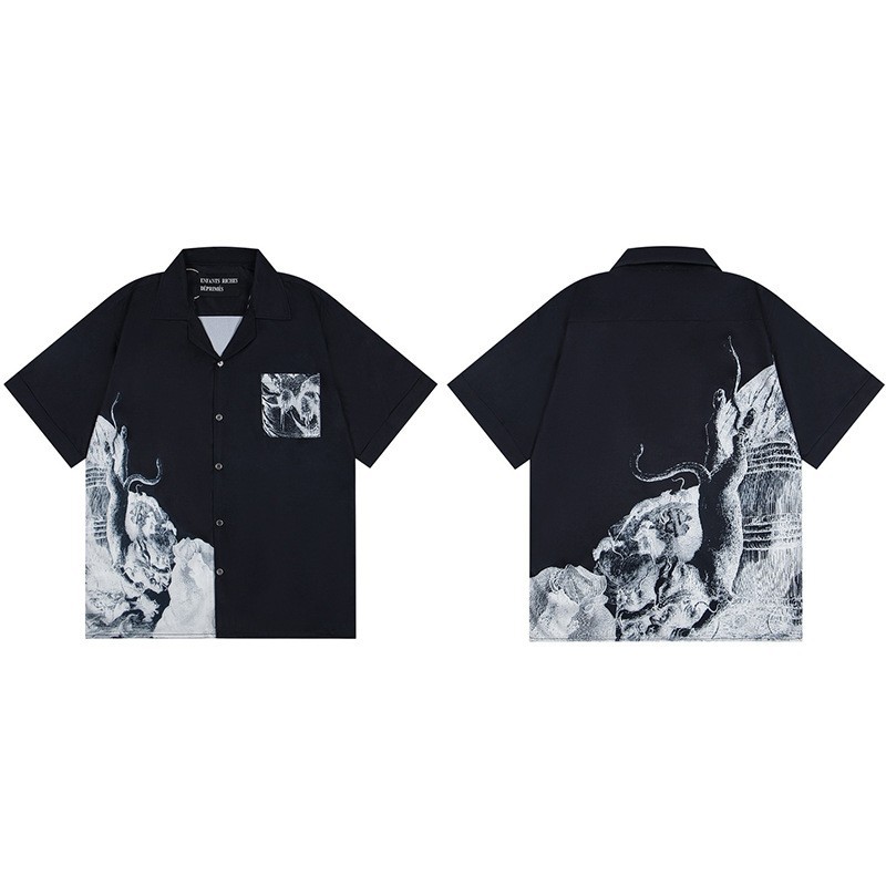 热卖爆款2025夏季痞帅美式小众复古短袖衬衫宽松印花短袖衬衣男女