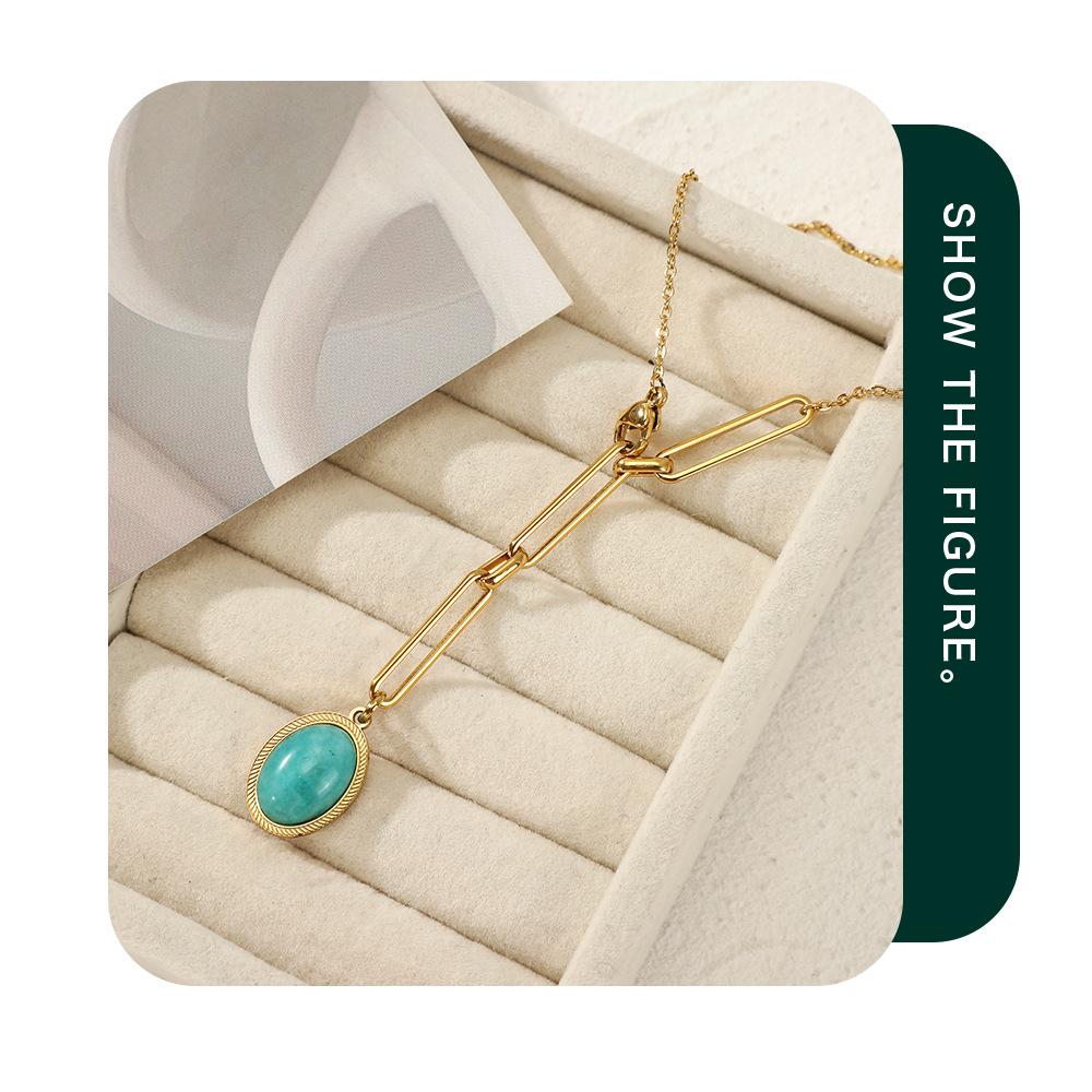 Fashion Oval Stainless Steel Inlay Natural Stone Pendant Necklace 1 Piece