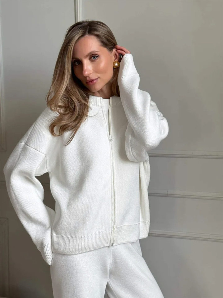 Bộ áo cardigan dệt kim khóa kéo dài tay phối quần ống rộng cho nữ — Màu nâu, Màu trắng, Màu xanh dương chi tiết 12