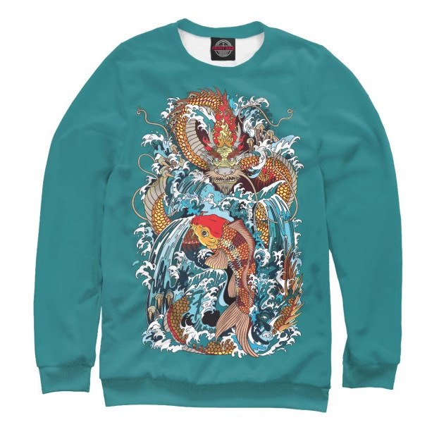 Rusia venta caliente tinta koi impresión 3D hombres y mujeres con el mismo estilo suelto manga larga hombro suéter de cuello redondo