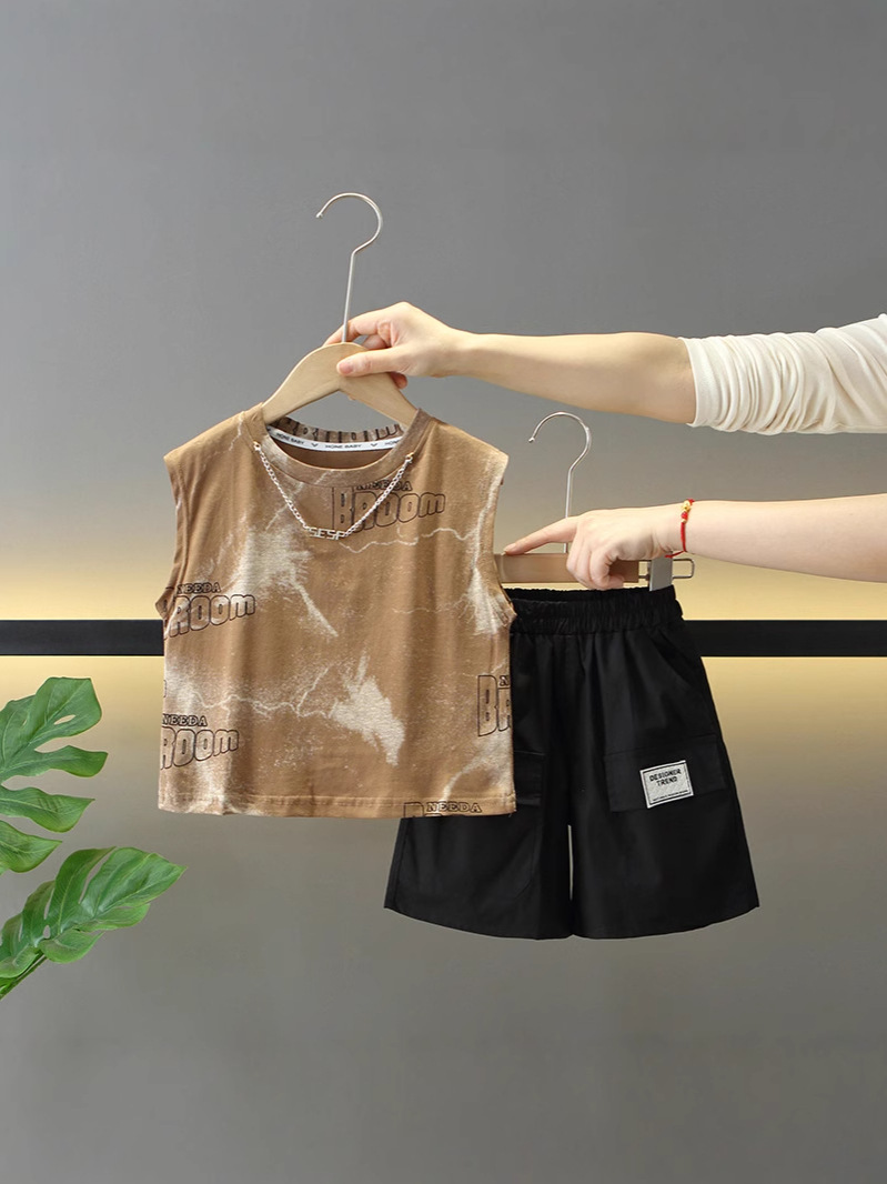 7910 traje de chaleco de verano para niños 2025 nueva ropa de bebé de dos piezas sin mangas delgadas de verano para niños de moda