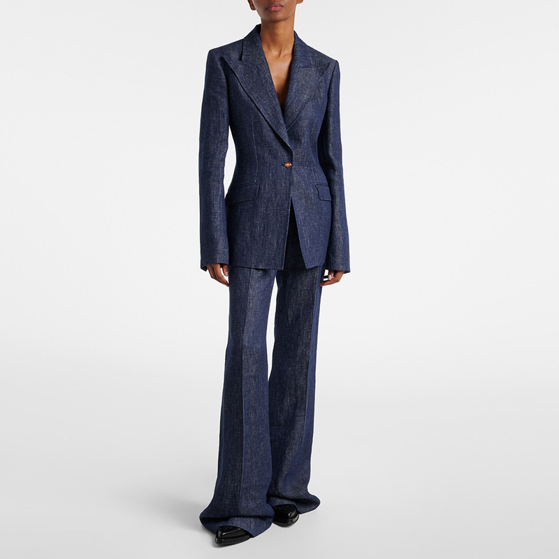In-Stock 2026 European and American Celebrity Fashion New Style Faux Denim One-Button Slim-Fit Blazer and Pants Two-Piece Set