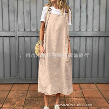wish 速卖通 2025夏季外贸新款休闲女士可调节吊带棉麻连衣裙长裙
