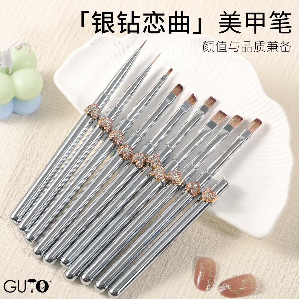 Gu Yue's Patented Metal Handle Heart-Shaped Rhinestone Detachable Mink Hair Gray Squirrel Hair Painted Line Drawing Flower Phototherapy Nail Art Pen