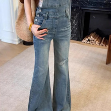 美式复古破洞小众微喇叭牛仔背带裤女夏修身显瘦一体式吊带连体裤