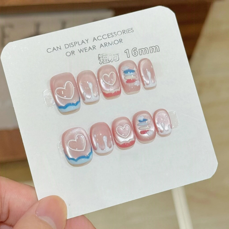 [Cake Rainbow] Short Love Wearable Nails Cat Eye Handmade Manicure Nail Patch Senior Student Nails