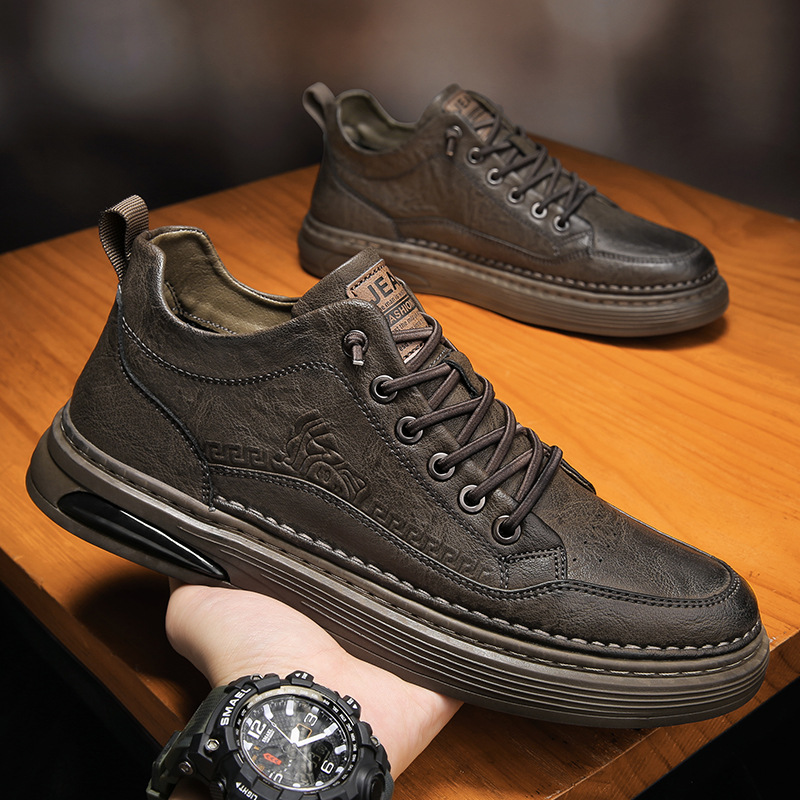 European station outdoor workwear men's shoes Martin mid-top sneakers business casual soft leather shoes versatile plus velvet cotton shoes