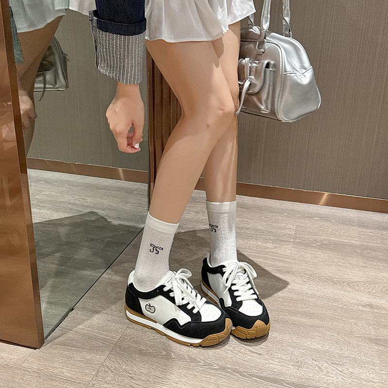 牛皮德训鞋女复古撞色ins透气休闲运动鞋百搭板鞋系带厚底阿甘鞋|undefined