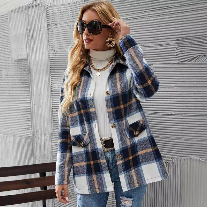 2024 Amazon Autumn European and American Clothing Long Sleeve Lapel Loose Plaid Wool Shirt Jacket 2024 Amazon Autumn European and American Clothing Long Sleeve Lapel Loose Plaid Wool Shirt Jacket