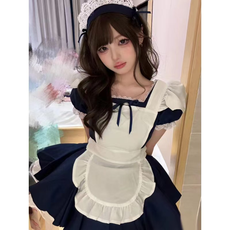 日本メイド服現物天使メイド紺色メイド服ショートcos女装かわいいロリータワンピース|undefined