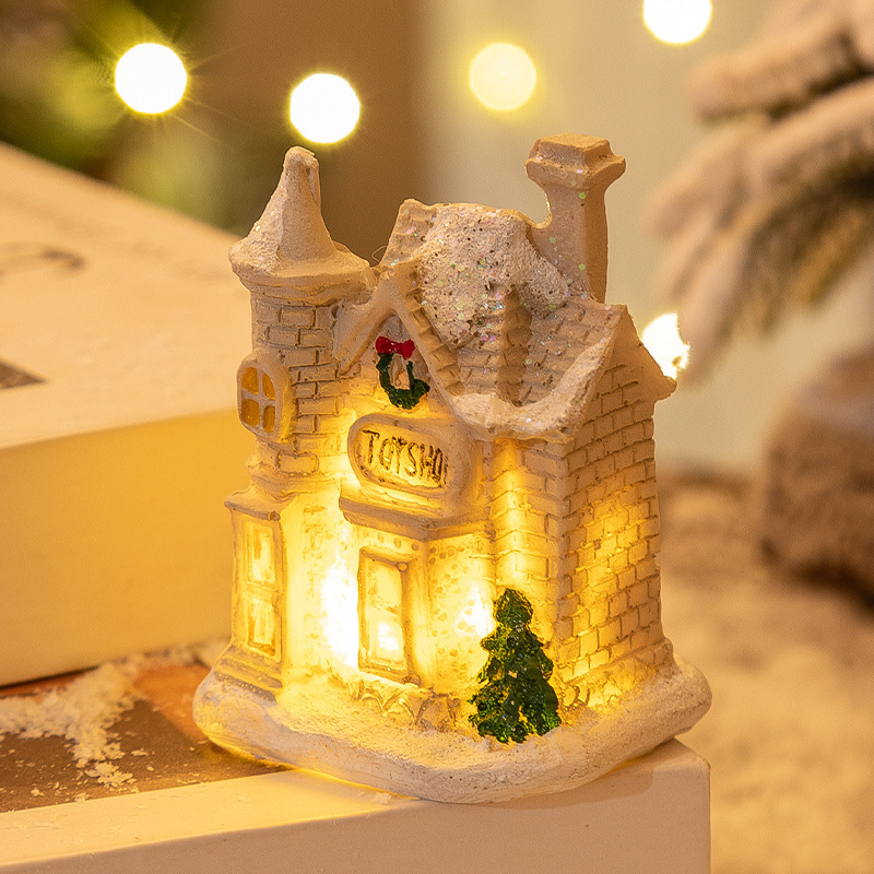 クリスマス新作装飾樹脂製ライト付きミニハウス クリスマスマイクロランドスケープ レトロ装飾置物ギフトライト|undefined