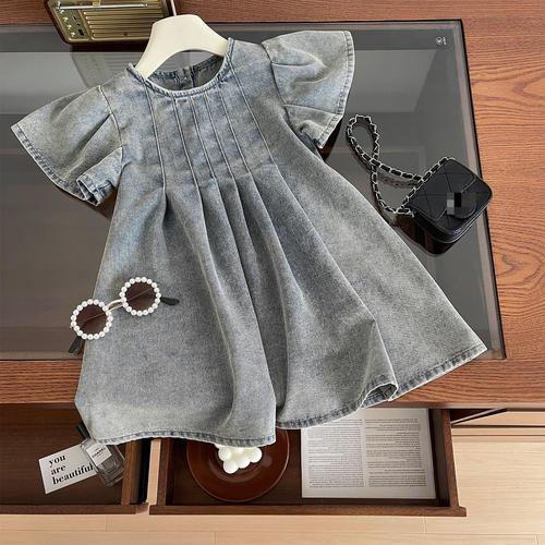 2024 Summer New Korean Style Girls' Washable Soft Denim Dress for Girls with Short Sleeve Children's Dress