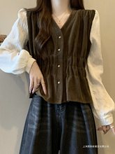 设计感插肩长袖领衬衫女秋季大码胖妹妹显瘦收腰遮肚子法式上衣
