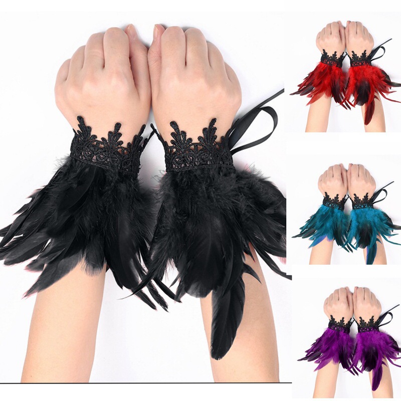 Popular Halloween Feather Bracelet Performance Dance Party Lace Feather Wristband Gothic Style Feather Wrist Accessories