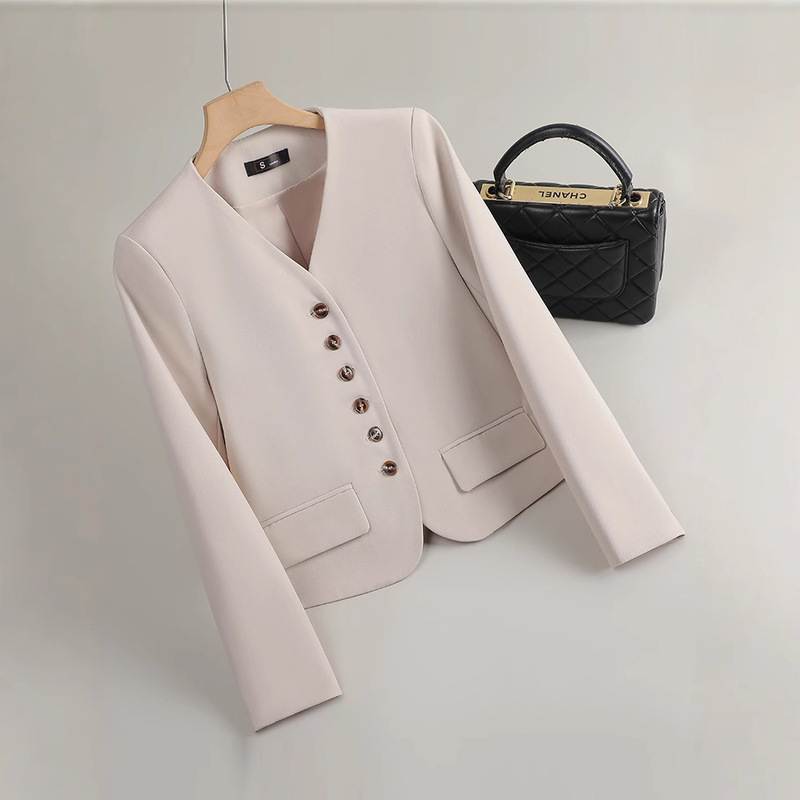 Apricot Elegant Single-Breasted Short Suit Jacket for Women Spring New Design Small Professional V Neck Suit