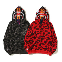 外贸跨境批发双帽卫衣男女迷彩鲨鱼老虎头潮拉链开衫连帽上衣外套