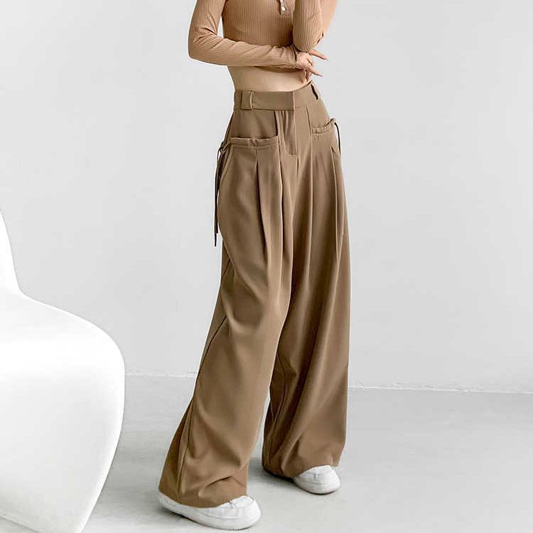 2023 American cross-border hot girl style high waist draping pants women's design sense side lace-up elegant casual straight wide-leg pants
