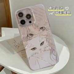 白猫女孩适用苹果16promax手机壳iphone13卡通带镜头膜镂空防摔15