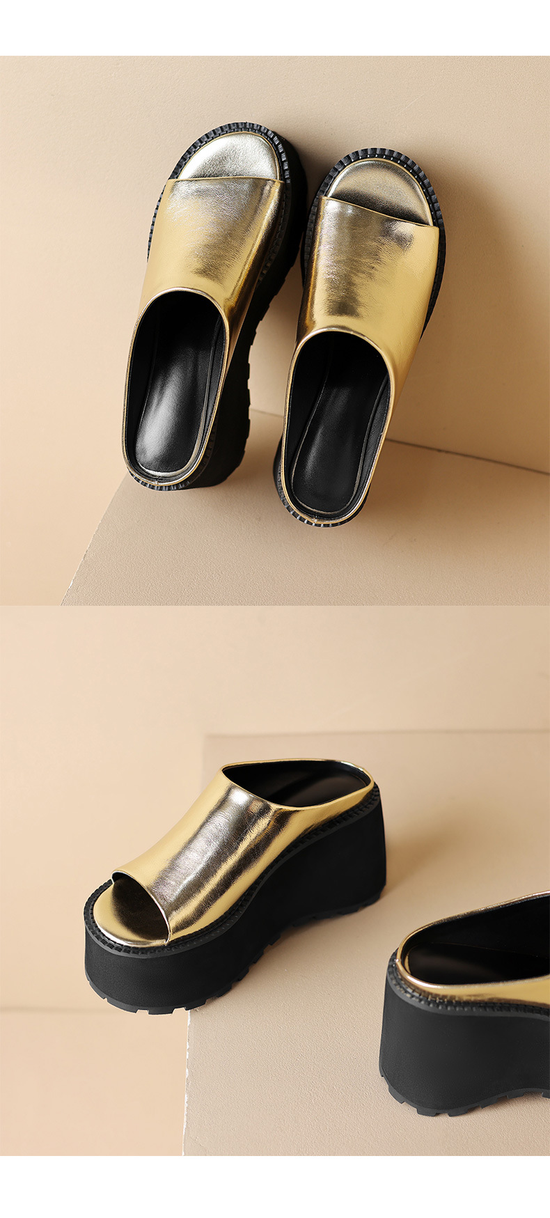 Dép sandal nữ xỏ ngón đế bệt da thật mũi hở phong cách tối giản — màu đen, màu vàng, bạc chi tiết 15