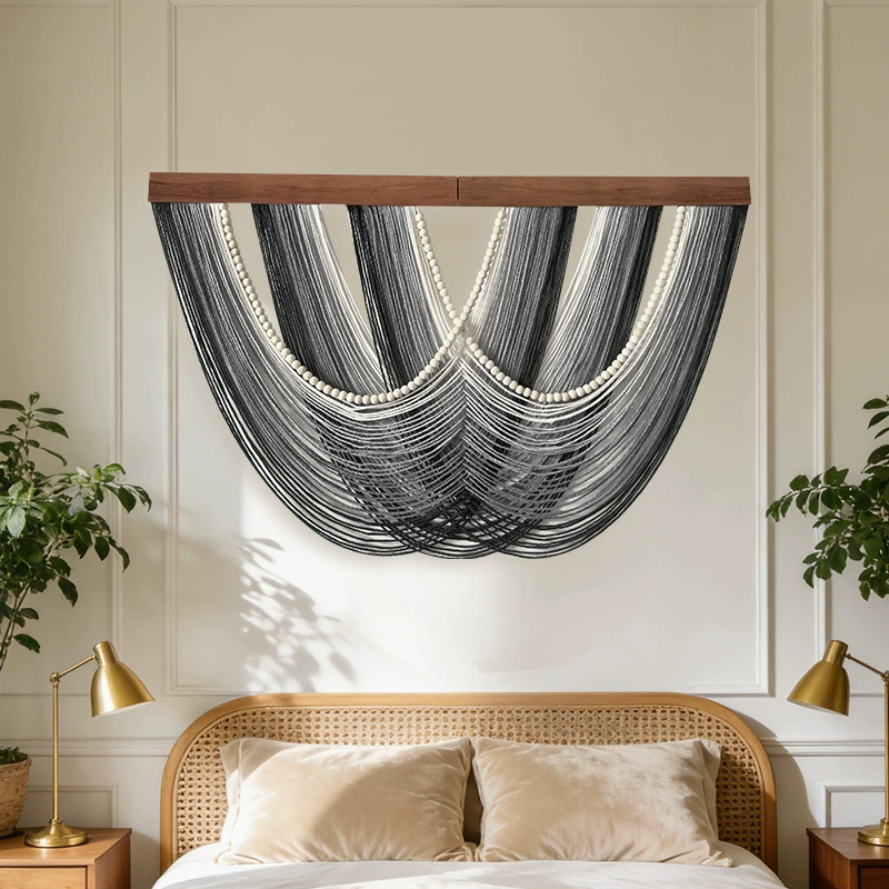 Gray cotton rope gradient tassel tapestry home decoration tapestry bohemian cross-border wall hanging wooden beads decoration