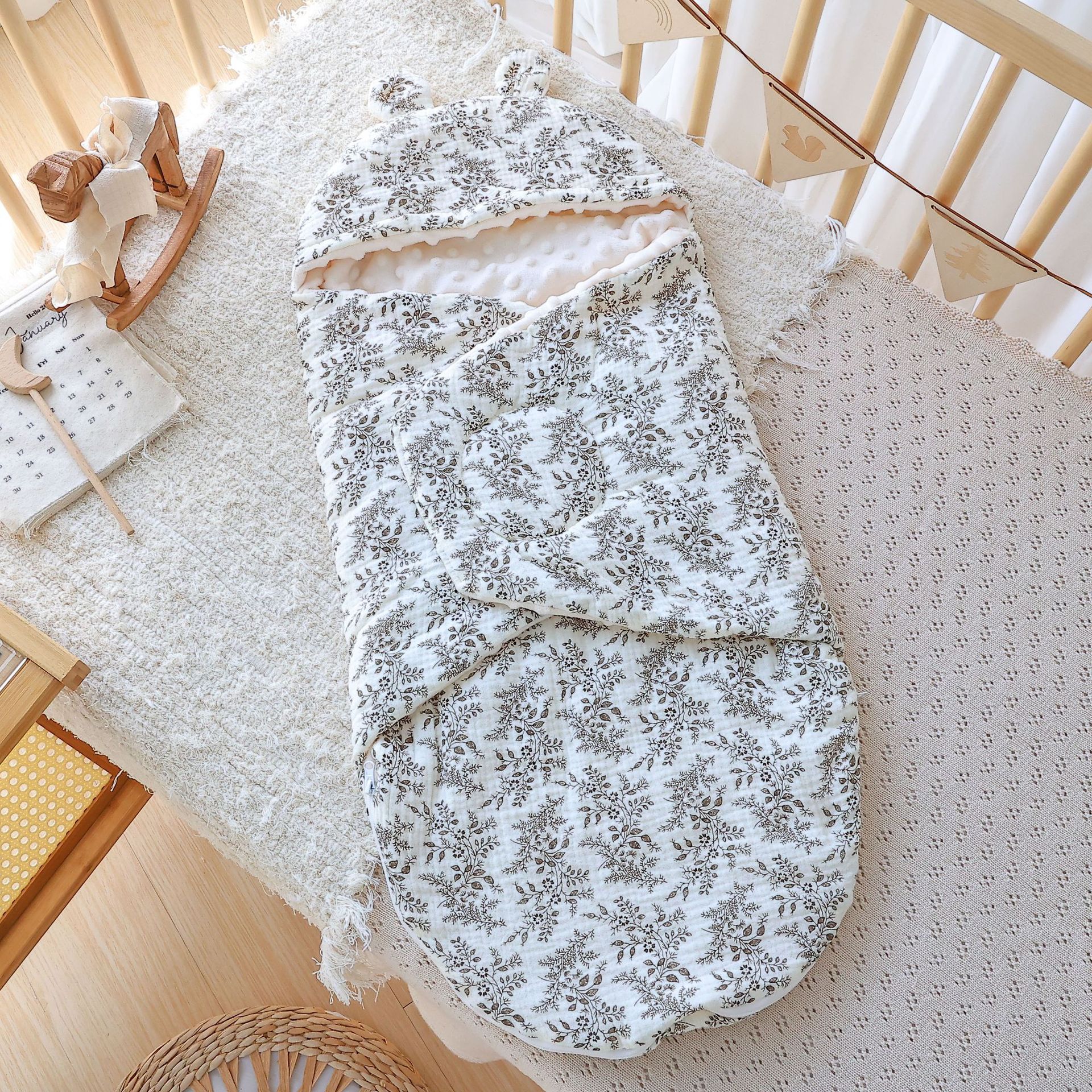 Swaddling Blanket Wholesale Cute Cartoon Baby Blanket Newborn Baby Anti-Kick Blanket Small Ears Beanie Velvet
