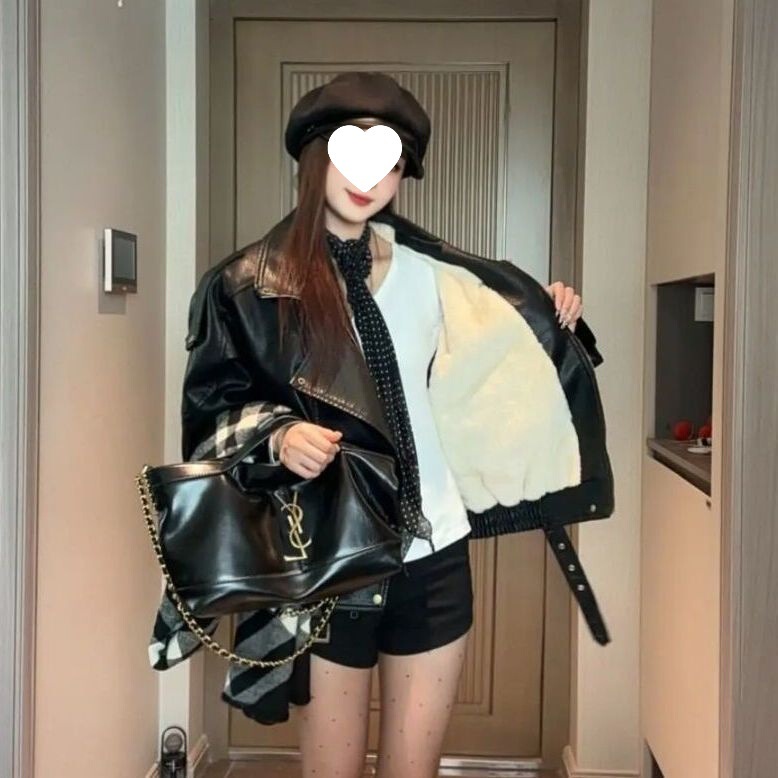 Fleece-Lined Thickened Autumn and Winter New Leather Jacket for Women, Hong Kong Style Versatile Leather Jacket, Korean Style Loose Biker Jacket