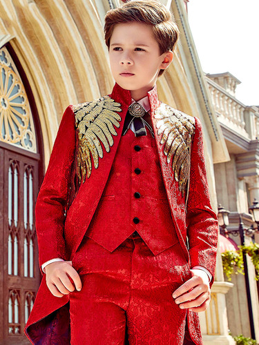 Children's boys singer host red black tuxedo dress suit sets  flower boys wedding party dress tuxedo coats and vest and pants piano Drummer stage performance costume