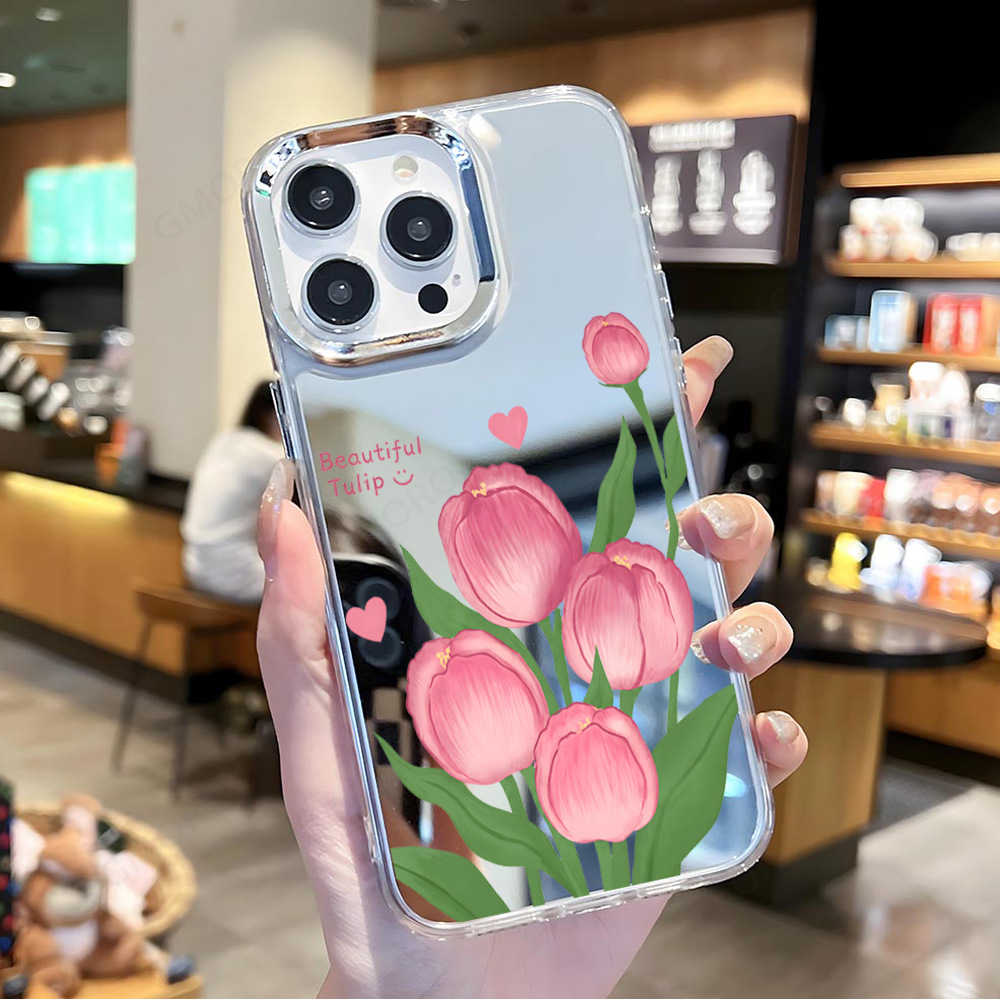 独立站热销手机壳新款粉色郁金香镜面壳iPhone保护套苹果17promax