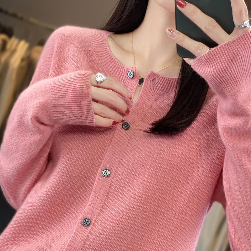 秋装新商品100% 純ウールカーディガン女性セーターコート一線成衣ゆるい長袖ニット上着薄い|undefined