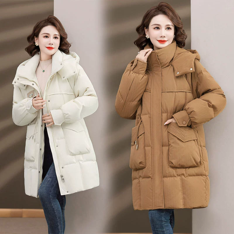 Куртка на утином пуху, зима 2023, новая женская мода среднего возраста, теплое длинное пальто с большим карманом, женское
