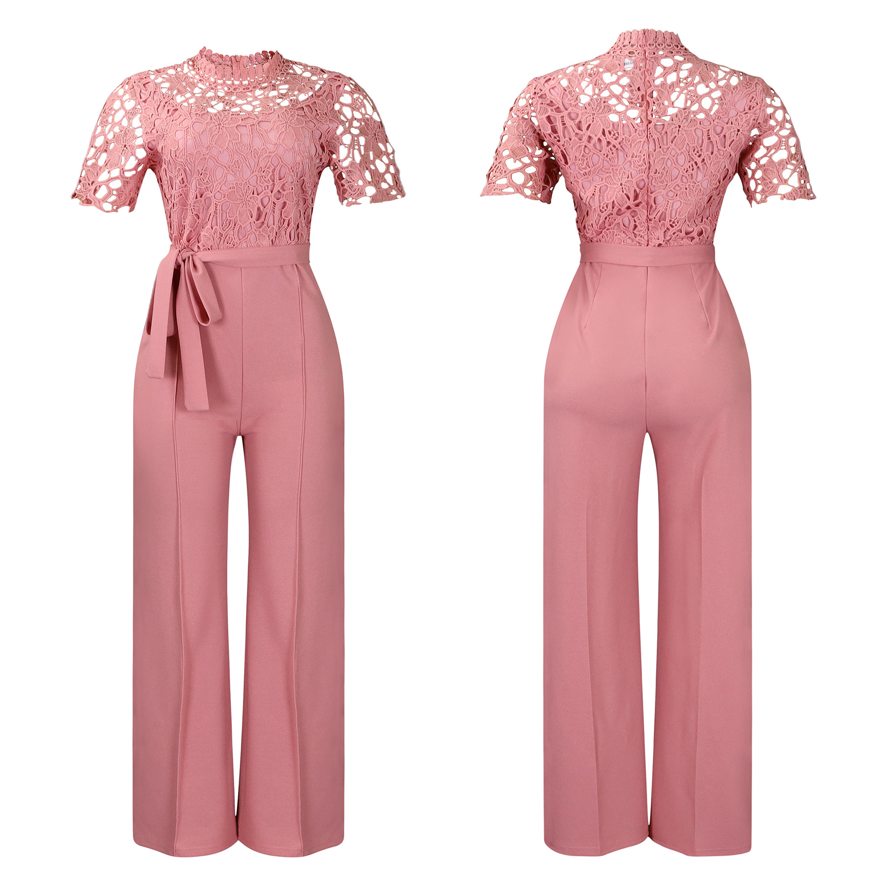 546g Weight Short Sleeve Sleeve Length Polyester Fabric Type High Waist Waist Line Jumpsuits Pants Type Daily Occasion Loose Fit Type Solid Color Pattern Summer Season Women's Gender Lace Design Casual Style Women's Daily Casual Solid Color Lace Jumpsuits 33