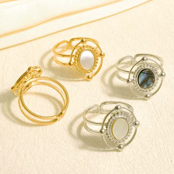 304 Stainless Steel Ring Retro European and American Accessible Luxury Geometric Round Natural Shell Ring 18K Gold-Plated Ring in Stock