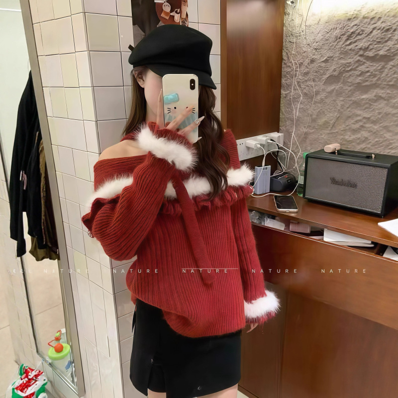 Ys French-Style Off-Shoulder Cape Knit Sweater for Women, Autumn and Winter Christmas New Year Sweater, Chanel-Style Off-Shoulder Top Ys French-Style Off-Shoulder Cape Knit Sweater for Women, Autumn and Winter Christmas New Year Sweater, Chanel-Style Off-Shoulder Top