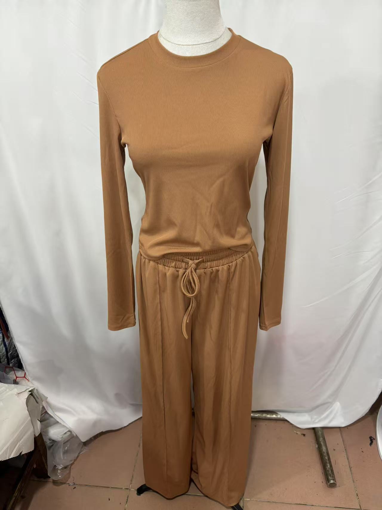 European American Cross-border Solid Color Ribbed Two-piece Set: Slim-fit Short Long-sleeve Top And Drawstring_ecoleips.com