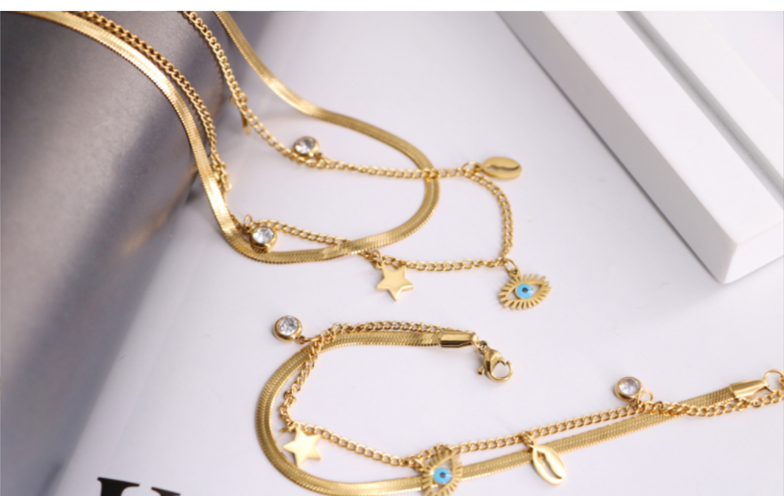 Fashion Eye Titanium Steel Plating Inlay Artificial Gemstones Bracelets Necklace