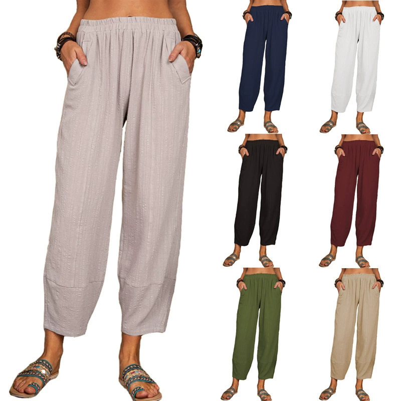 Европейская и американская трансграничная женская одежда 2022 Amazon Independent Station, однотонные Свободные повседневные брюки из хлопка и льна, домашние брюки из Харлана, женские