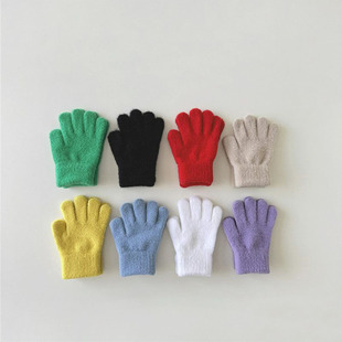 Korean Style Baby Solid Color Simple Soft Waxy Five-Finger Warm Gloves for Boys and Girls Winter Knitted Finger Protection against Cold