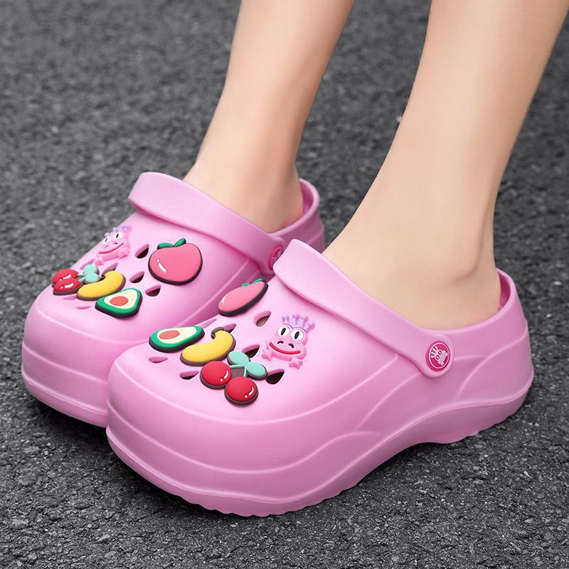Foreign Trade Heightened 7CM Hole Shoes Women's Outer Wear Cute Baotou Slippers Lightweight Breathable Cartoon Beach Shoes Women's Sandals