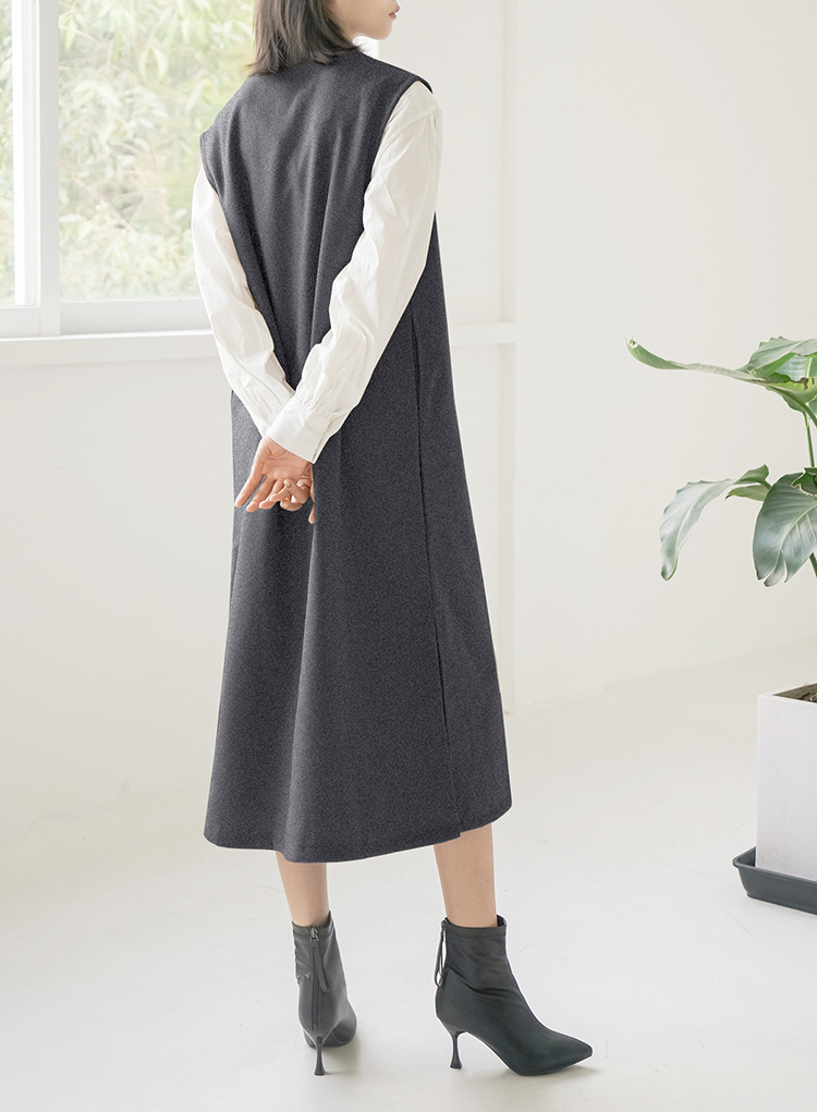 Real Shot Letian Autumn Winter 4 Color Woolen Coat Women V neck Solid Color Sleeveless Waistcoat Dress Outer Wear