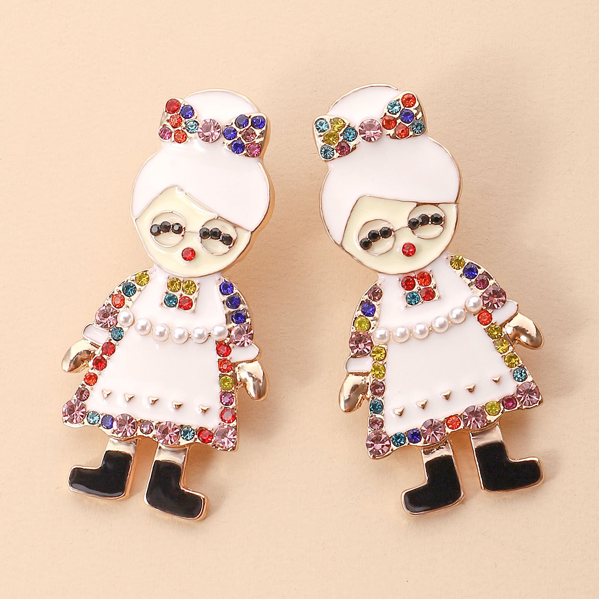 Rhinestones, Pearl Inlay Material Ear Studs Classification 1 Pair Christmas Cute Santa Claus Enamel Inlay Metal Rhinestones Pearl Ear Studs