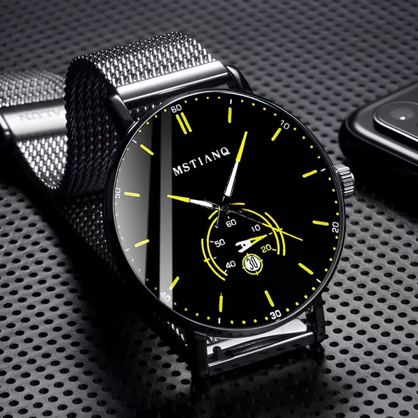 Mesh belt style decorated fake second yellow hand [calendar + waterproof and non-fading]·